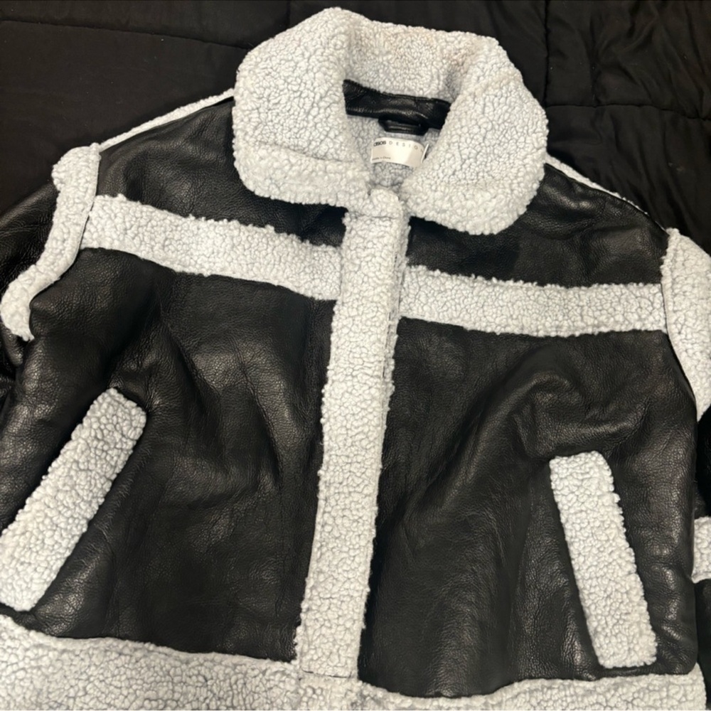 Womens Black Faux Leather Sherpa Trim Jacket